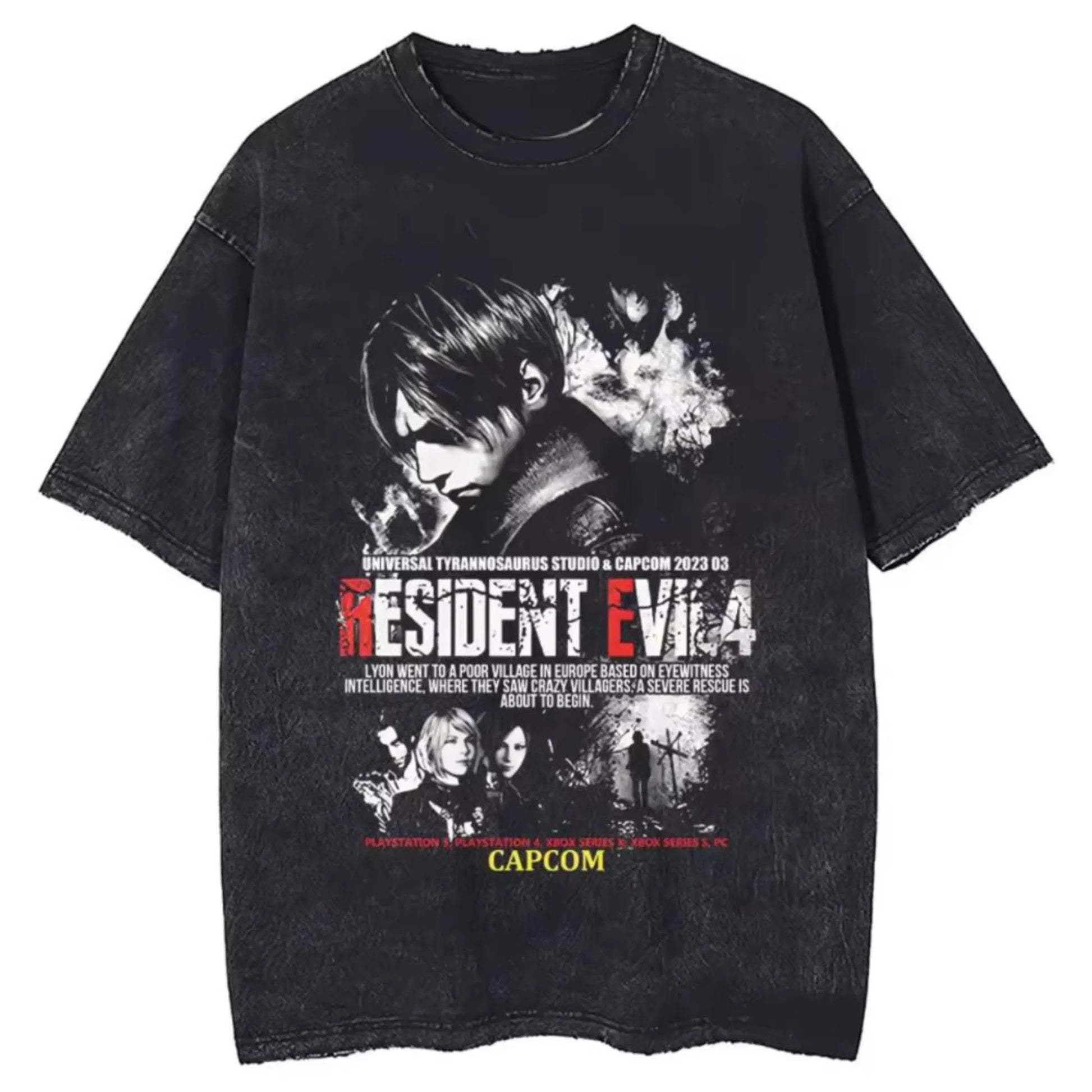 Black distressed cotton hip hop washed t-shirt with leon kennedy graphic street clothing retro unisex gym top