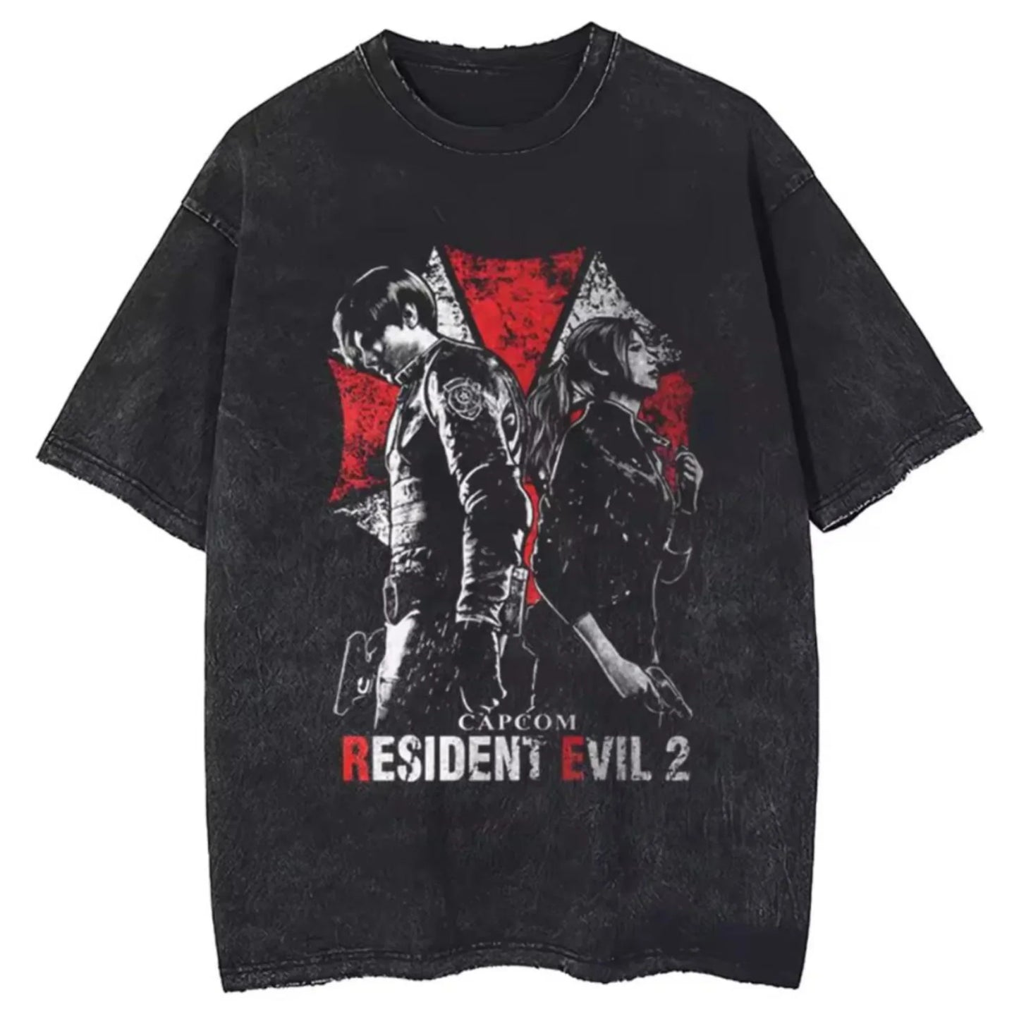 Black distressed cotton hip hop washed t-shirt featuring leon and claire graphic with red accents for street clothing retro style