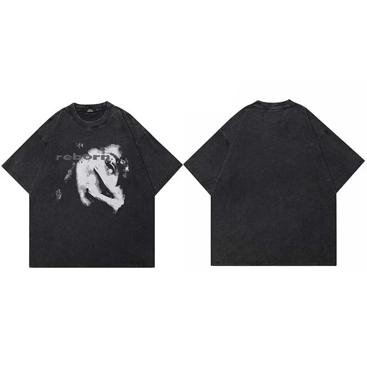 Black oversized cotton aesthetic graphic tshirt harajuku with distressed face print and reborn text tees unisex y2k