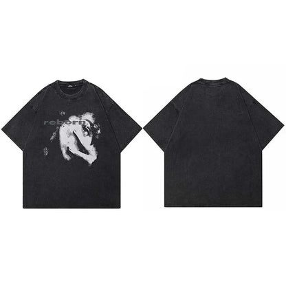 Black oversized cotton aesthetic graphic tshirt harajuku with distressed face print and reborn text tees unisex y2k
