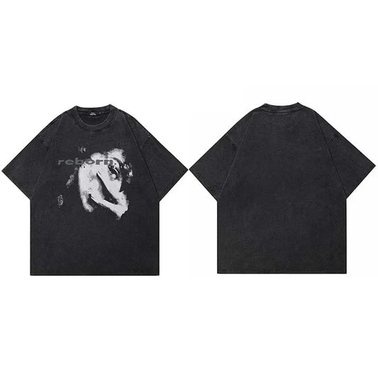 Black oversized cotton aesthetic graphic tshirt harajuku with distressed face print and reborn text tees unisex y2k