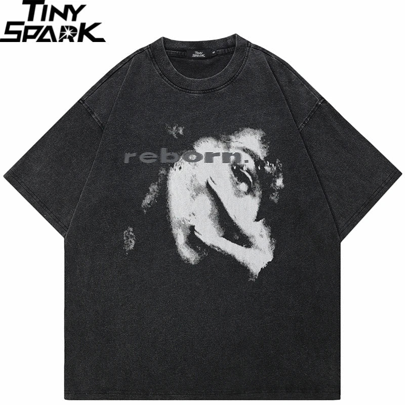 Black cotton hip hop washed t-shirt with faded white graphic face and reborn print graphic tshirt harajuku tees unisex y2k
