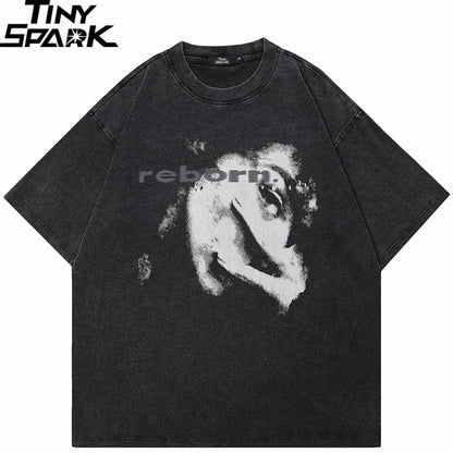Black cotton hip hop washed t-shirt with faded white graphic face and reborn print graphic tshirt harajuku tees unisex y2k
