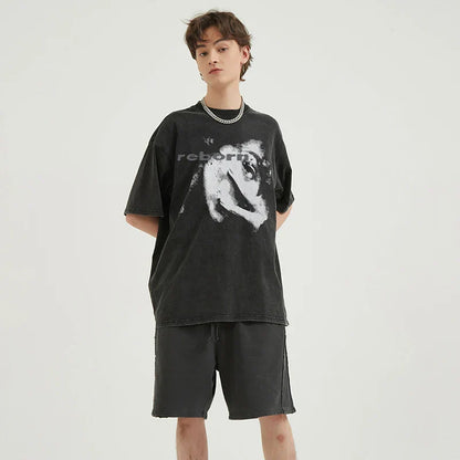 Black oversized hip hop washed cotton aesthetic graphic tshirt harajuku with distressed white reborn print tees unisex y2k