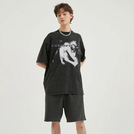 Black oversized hip hop washed cotton aesthetic graphic tshirt harajuku with distressed white reborn print tees unisex y2k
