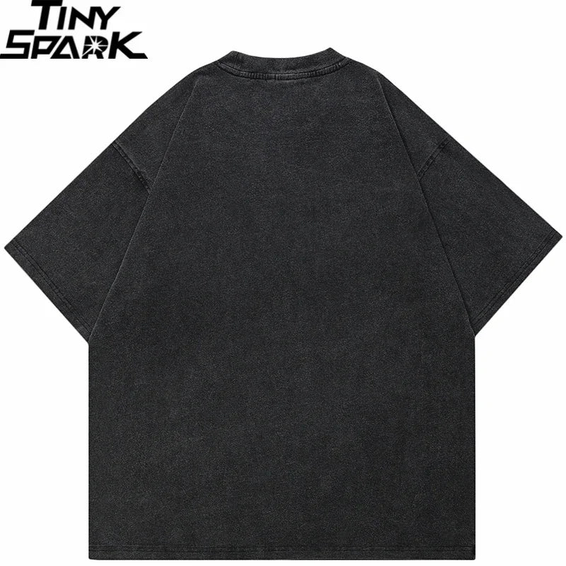 Black oversized cotton aesthetic graphic tshirt harajuku with faded textured fabric and relaxed fit tees unisex y2k