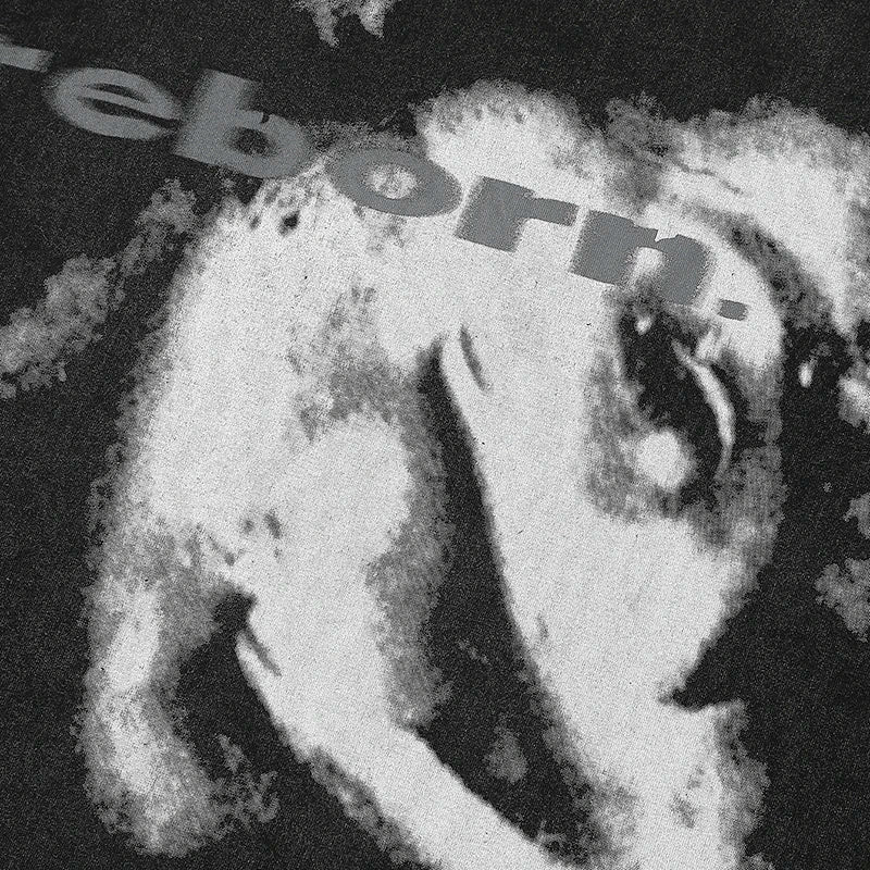Black and white cotton aesthetic graphic tshirt harajuku with distressed portrait and reborn text tees unisex y2k style