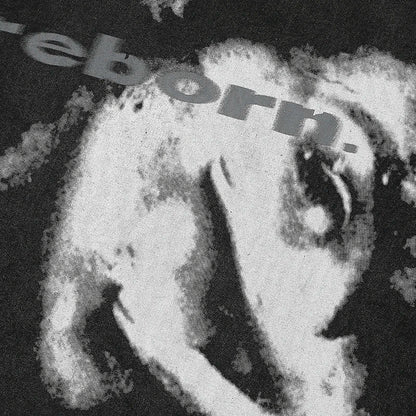 Black and white cotton aesthetic graphic tshirt harajuku with distressed portrait and reborn text tees unisex y2k style