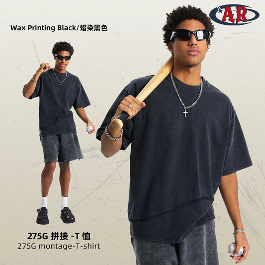 Black hip hop wax printed cotton short sleeve tee oversized with quality raw edges and distressed round neck design