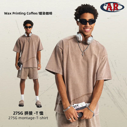 Beige cotton hip hop wax printing sleeve tee oversized with quality raw edges and relaxed fit short sleeves