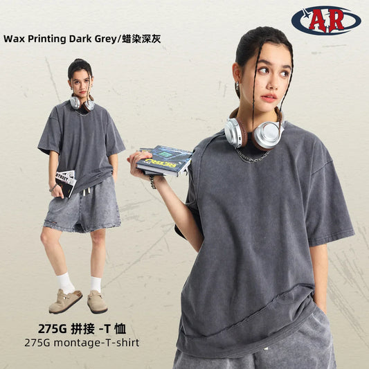 Dark grey hip hop wax printed 275g cotton sleeve tee oversized with quality raw edges and distressed round neck design