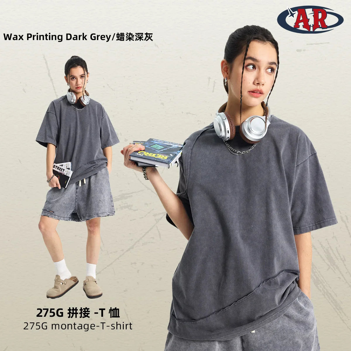 Dark grey cotton hip hop wax sleeve tee oversized with quality raw edges and distressed round neck design