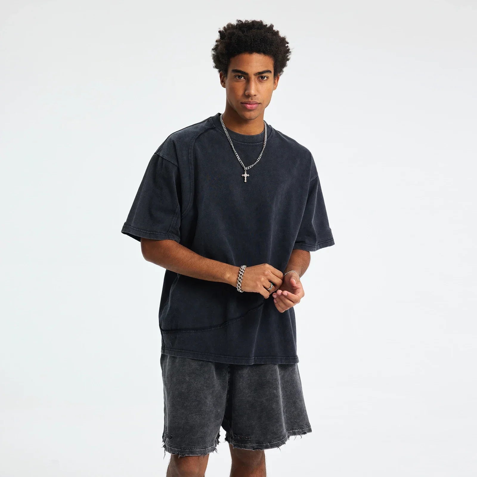 Dark gray hip hop wax sleeve tee oversized in cotton with quality raw edges and a subtle faded texture