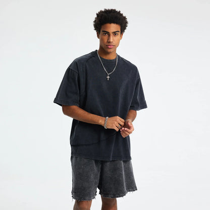 Dark gray hip hop wax printing sleeve tee oversized with quality raw edges and a subtle faded texture in cotton