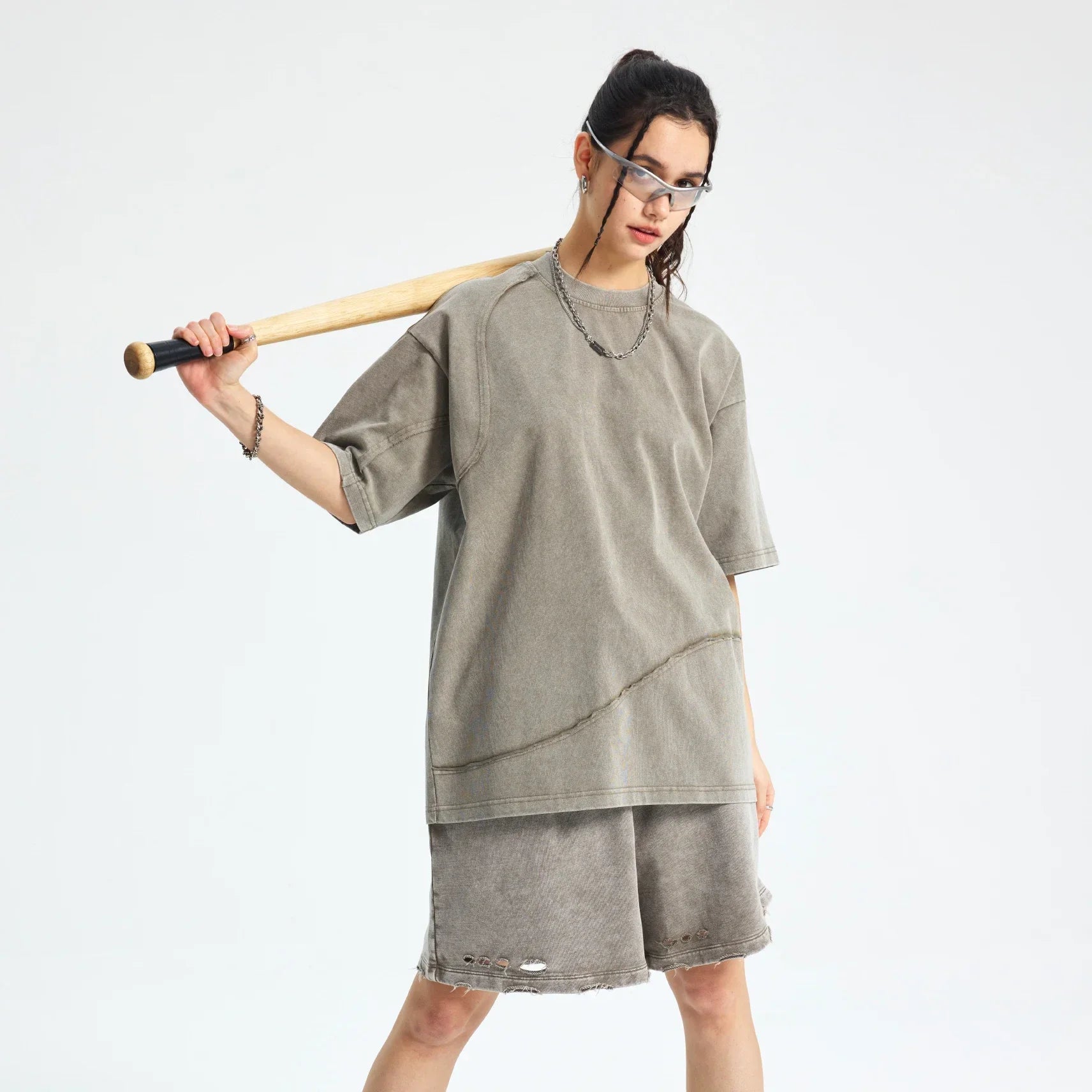 Oversized gray distressed cotton sleeve tee with asymmetrical seam and quality raw edges for hip hop wax style
