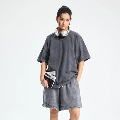 Gray oversized hip hop wax sleeve tee with relaxed fit faded texture quality raw edges cotton short sleeve
