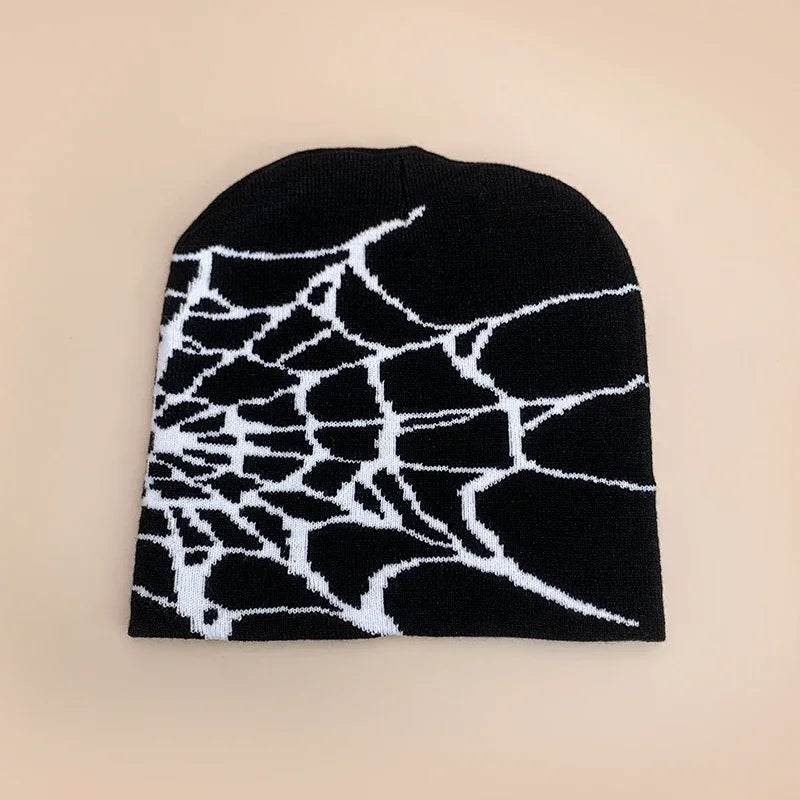 Black wool hip hop beanie with white spiderweb pattern warm knitted hat for autumn winter street fashion