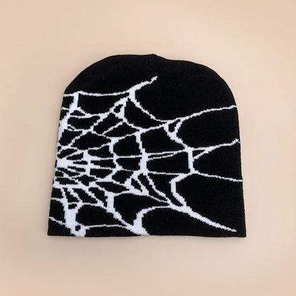 Black wool hip hop beanie with white spiderweb pattern warm knitted hat for autumn winter street fashion