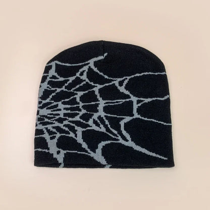 Black wool knit beanie featuring a light gray spiderweb pattern warm hip hop style for autumn and winter fashion