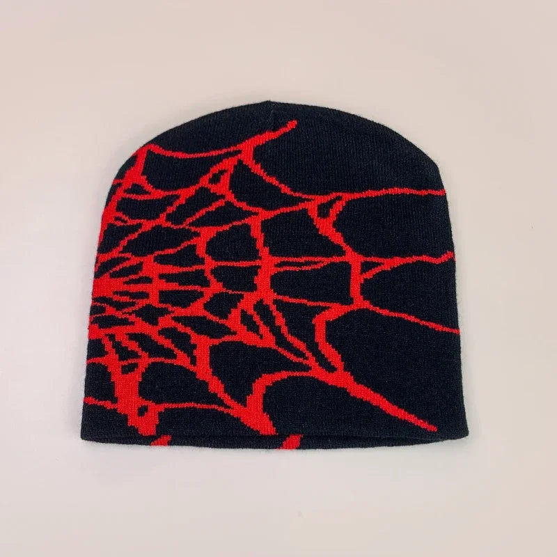 Black wool knit beanie with bold red spiderweb pattern warm hip hop street style for autumn and winter wear