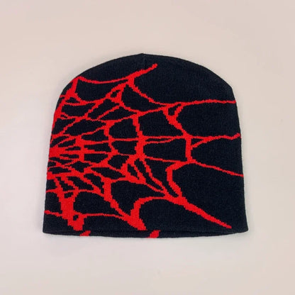 Black wool knit beanie with bold red spiderweb pattern warm hip hop street style for autumn and winter wear
