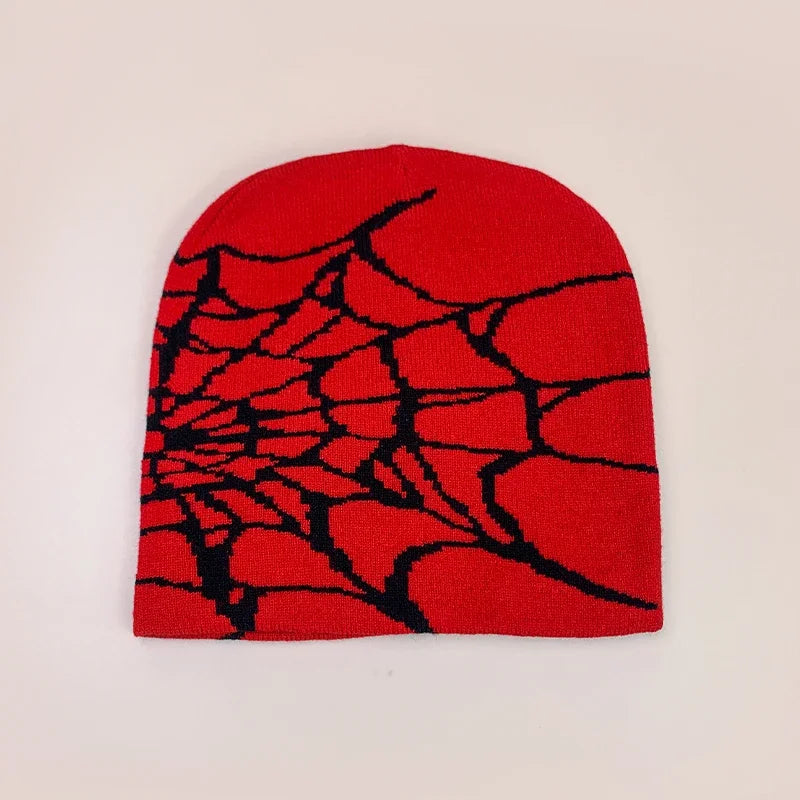 Red wool hip hop beanie with black spiderweb pattern warm knitted hat for autumn and winter street fashion