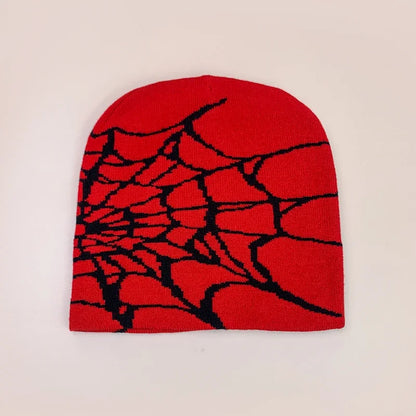 Red wool hip hop beanie with black spiderweb pattern warm knitted hat for autumn and winter street fashion