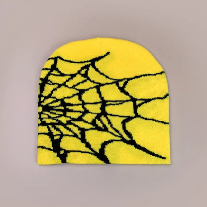 Bright yellow wool knitted hip hop beanie with bold black spiderweb pattern for autumn and winter street fashion