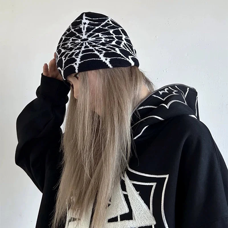 Black wool knit beanie with white spiderweb pattern warm gothic hip hop retro street style for autumn and winter