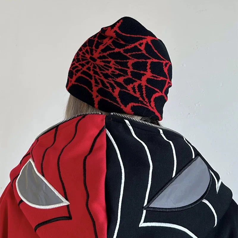 Black knit wool beanie with red spiderweb pattern warm hip hop style for autumn and winter fashion