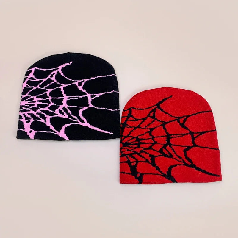 Black and red wool knit beanies with bold pink and black spiderweb patterns for warm gothic street autumn and winter wear