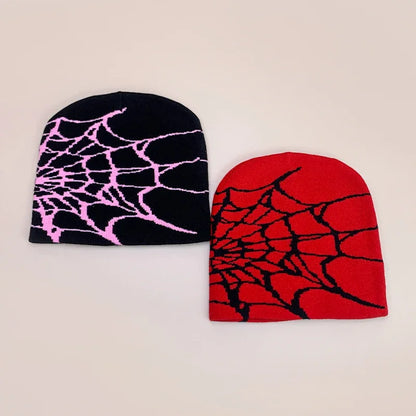 Black and red wool knit beanies with bold pink and black spiderweb patterns for warm gothic street autumn and winter wear