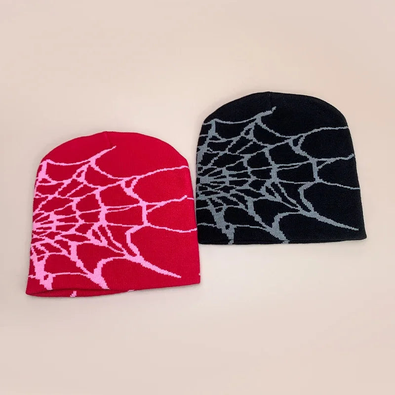 Red and black wool knit beanies with intricate spiderweb patterns for warm gothic retro hip hop street fashion