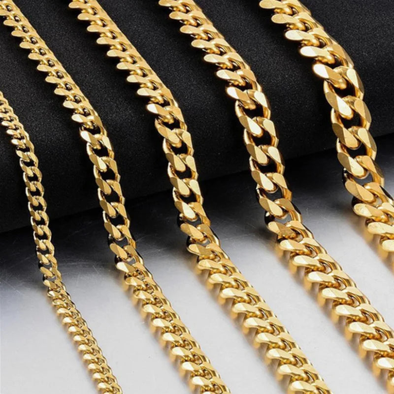 Gold-colored thick 3 5 7 9mm cuban link stainless steel chains necklace for men basic simple rapper’s choker