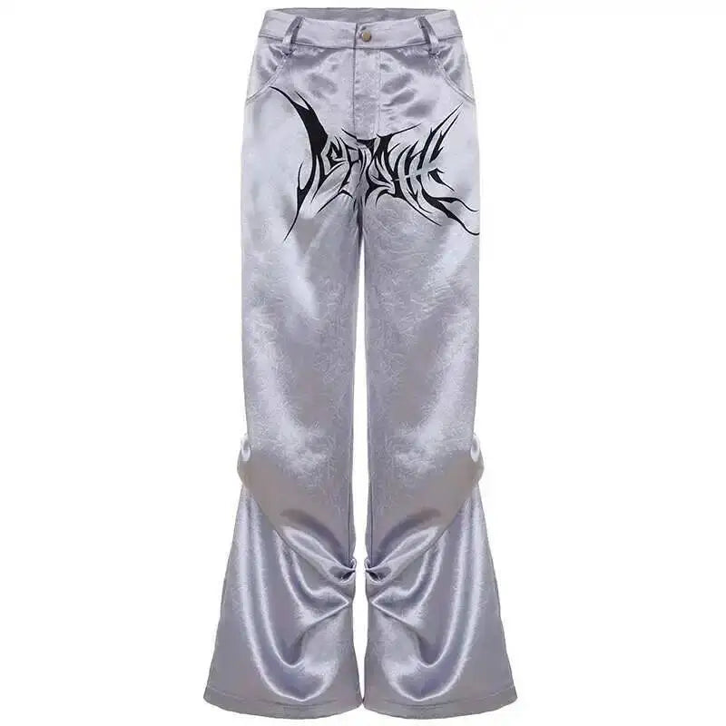 Silver satin flare pants with a black gothic logo, high waist wide leg, pleated casual street dance wear for women