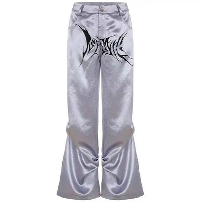Silver satin flare pants with a black gothic logo, high waist wide leg, pleated casual street dance wear for women