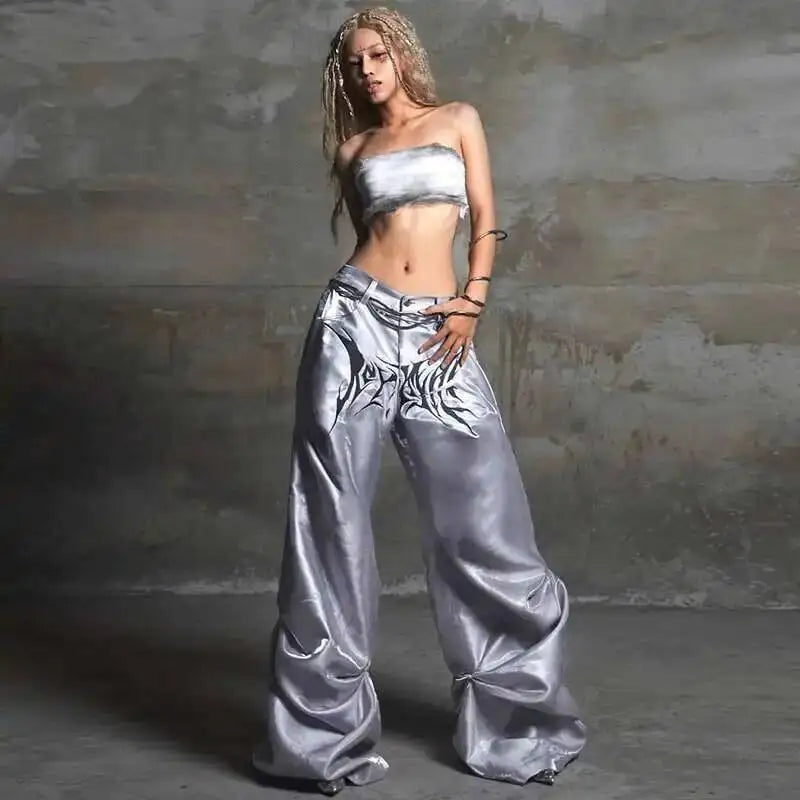 Shiny silver satin hip hop womens high waist wide leg pants with black tribal embroidery for casual and dance wear