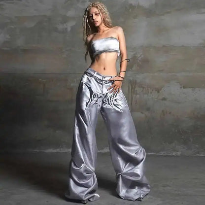 Shiny silver satin hip hop womens high waist wide leg pants with black tribal embroidery for casual and dance wear