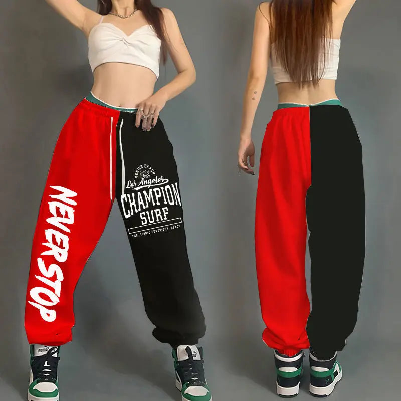 Red and black hip hop women streetwear sweatpants with pockets cotton loose fit and streetwear dance sweatpants design