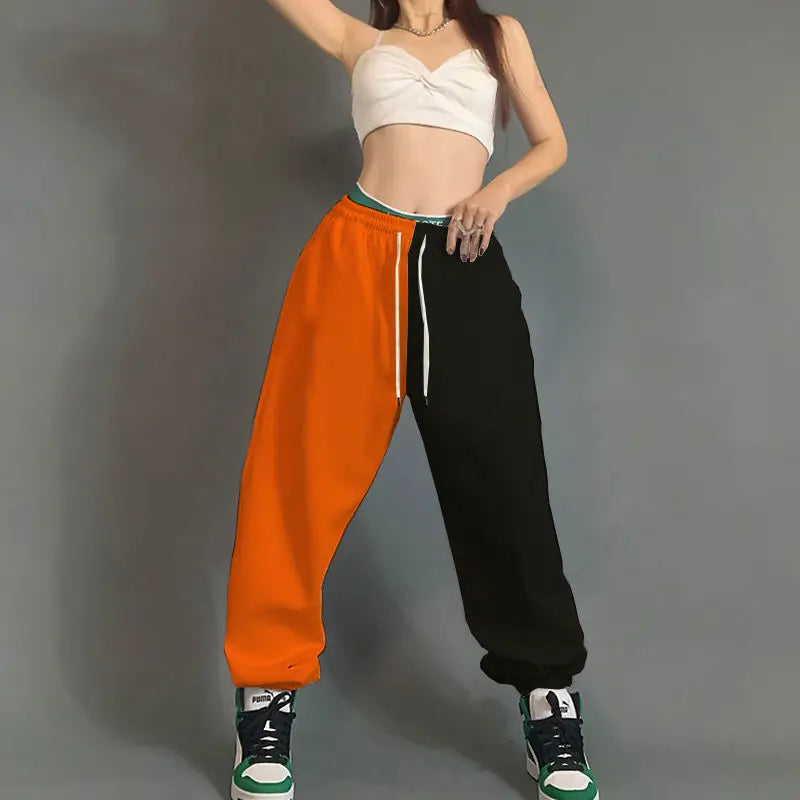 Orange and black split-hem hip hop women streetwear joggers with green waistband white drawstring cotton loose pockets