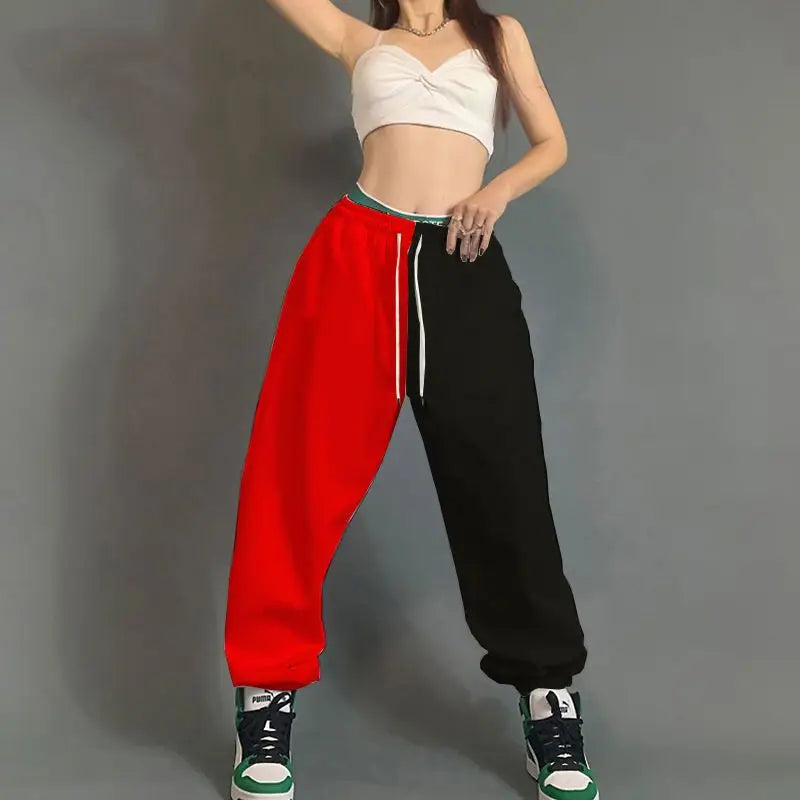 Red and black split-leg streetwear dance sweatpants with green waistband trim cotton loose pockets for hop women streetwear