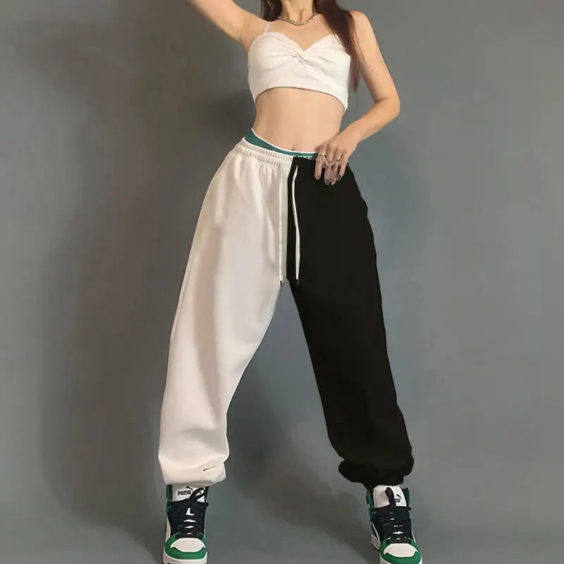High waist hop women streetwear pants with two-tone black and white cotton loose pockets streetwear dance sweatpants