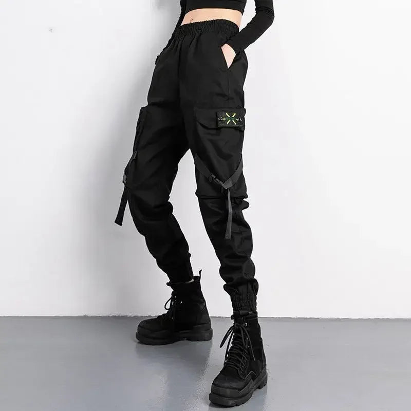 Black pants joggers with multiple pockets and green embroidered patches casual korean harem loose fit 5XL