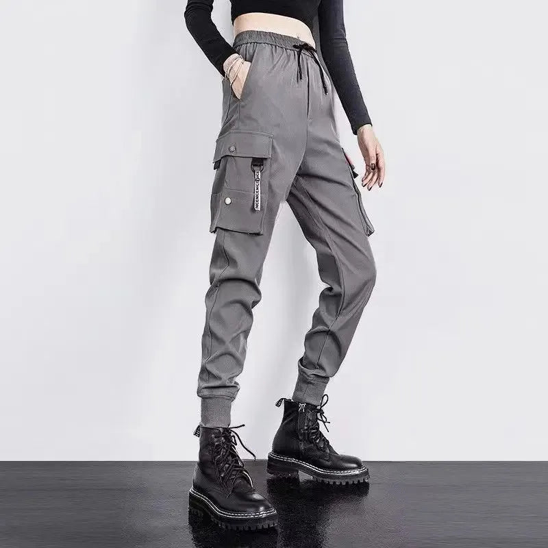 Gray casual korean harem pants with multiple pockets trousers and a drawstring waistband for loose black joggers style