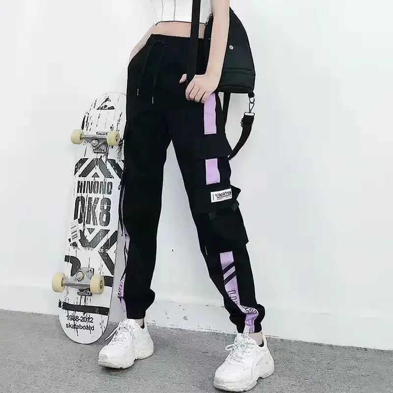 Black cargo pants with purple stripes featuring multiple pockets and a drawstring waistband casual korean harem style pants black joggers