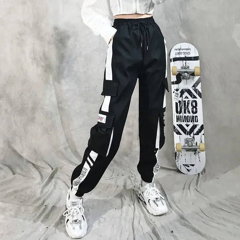Black cargo pants with white side stripes multiple pockets trousers and drawstring waistband casual korean harem style