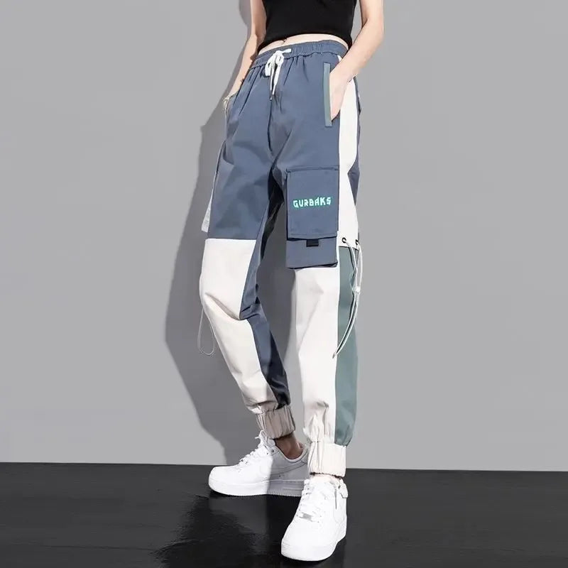 Blue and white color-blocked casual korean harem cargo pants with multiple pockets trousers black joggers style