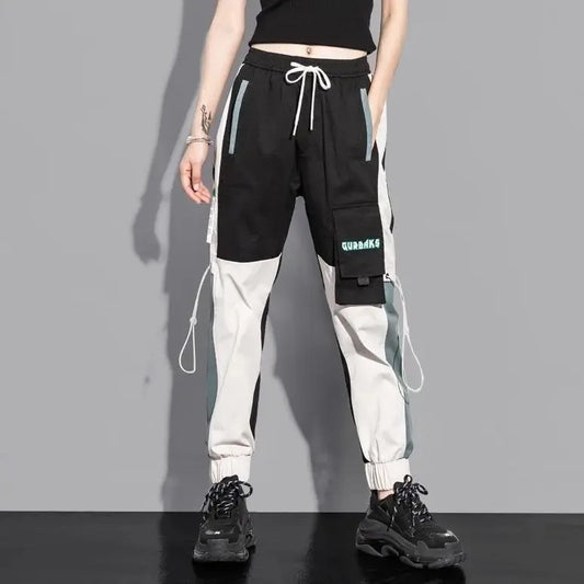Black and white casual korean harem pants with multiple pockets trousers and reflective stripes black joggers