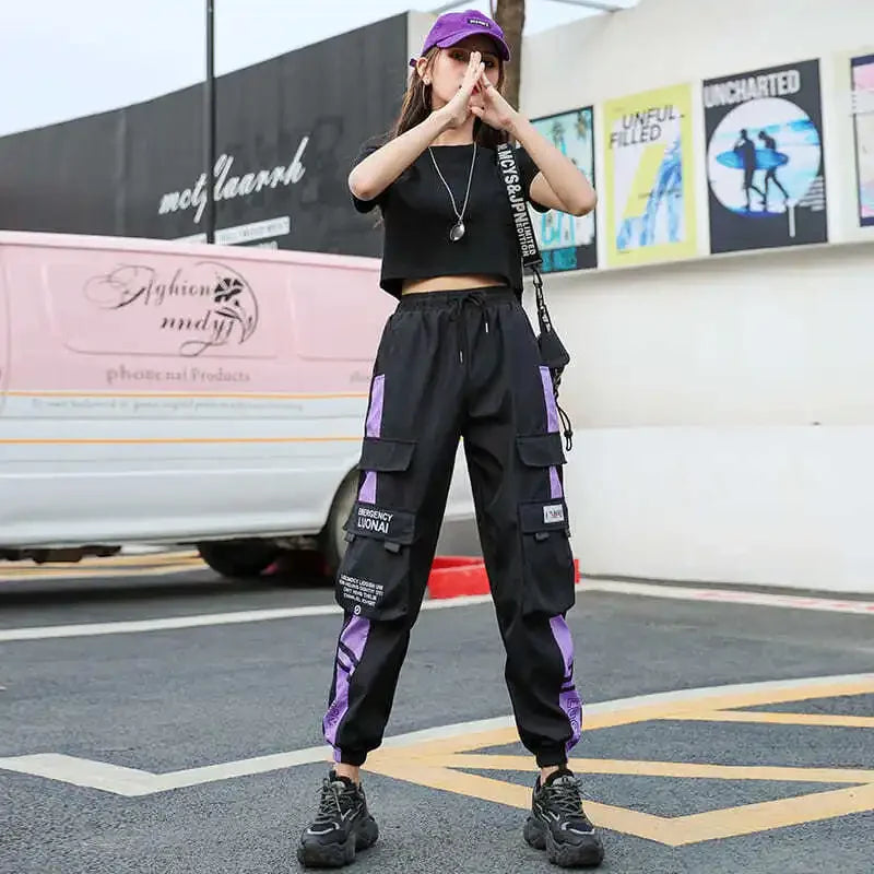 Black cargo pants joggers with purple side panels multiple pockets drawstring waist elastic cuffs casual korean harem style