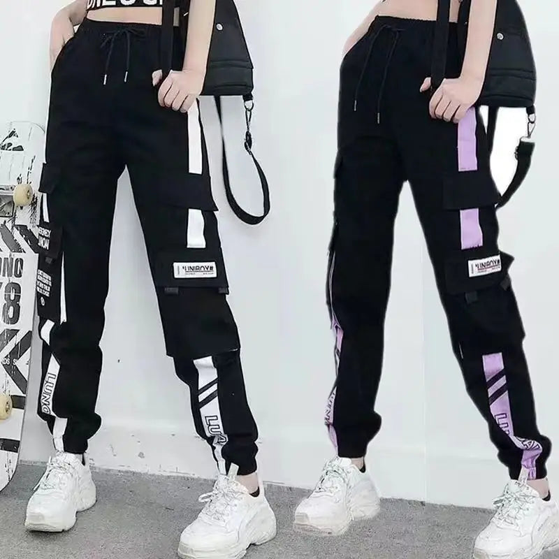 Black cargo pants joggers with white and purple striped side panels multiple pockets trousers casual korean harem style